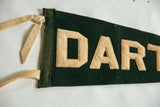 Vintage dark green felt pennant with beige ties and appliqued 'DART' letters.