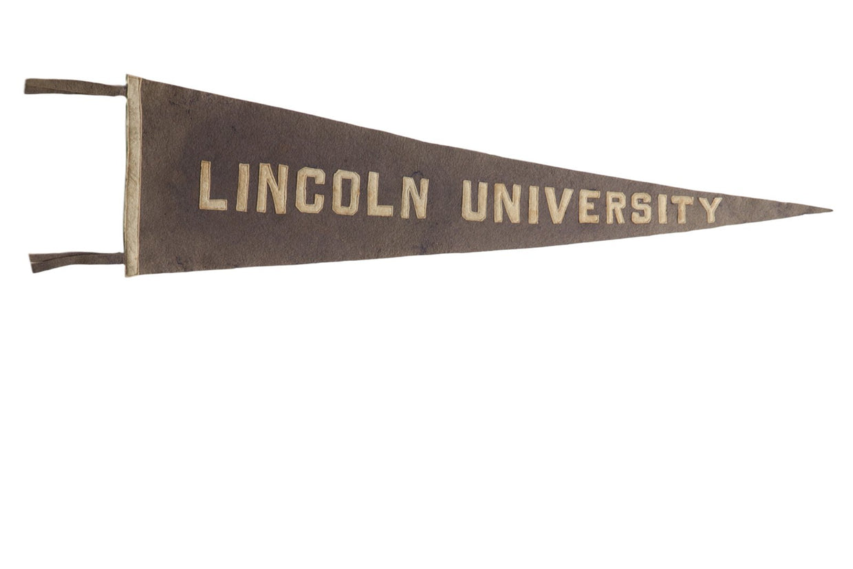 Rare antique Lincoln University wool felt pennant, muted dark tone with sewn cream lettering.