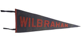 Antique Wilbraham Academy felt pennant, navy blue with bold red 'WILBRAHAM' lettering. 11x30.