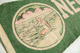 Detailed view of the illustrated woman in the ocean on the vintage green felt pennant.