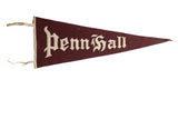 Antique Penn Hall wool felt pennant in maroon with sewn white lettering and fabric ties.
