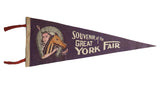 Vintage 1940s purple felt York Fair pennant with girl, horse, horseshoe graphic.