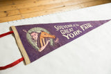 Vintage purple felt banner pennant with girl, horse, and 'Great York Fair' graphic.