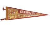 Vintage Columbus, Ohio felt pennant with colorful Indian village scene on maroon felt, 9x26 inches.