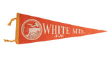Vintage White Mountains NH felt pennant, orange with white mountain graphic, yellow ties, 9x26 inches.