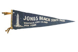 Vintage dark blue felt Jones Beach pennant, white lighthouse, text, 8x26.