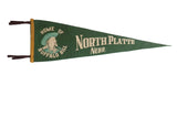 Vintage North Platte Nebraska felt flag pennant in green with a Buffalo Bill portrait and text.
