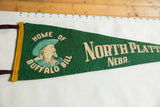 Close view of the Buffalo Bill graphic on the textured green felt souvenir pennant.