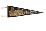 Vintage black felt pennant with Great Smoky Mountains National Park scenes and Native American.
