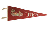 Vintage red felt pennant with Native American canoe and 'Souvenir of Utica N.Y.'.