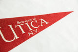 White 'Souvenir of Utica N.Y.' lettering on textured vintage red felt pennant.