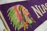 Detailed graphic of a Native American woman with a colorful headdress on the vintage purple pennant.