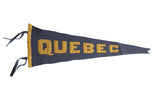 Antique Quebec felt flag pennant in dark blue with sewn gold lettering and side ties.