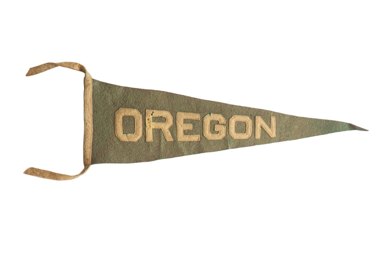Antique Oregon felt flag pennant, green with off-white OREGON letters, circa 1920s, 5