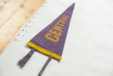 Vintage Central pennant in purple and gold, angled to show felt texture and condition.