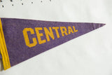Close-up of the vintage Central pennant's gold lettering and textured purple felt.