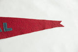 Vintage red felt pennant, showing fuzzy texture, partial blue letter, and ragged tip.
