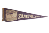 Vintage Zanesville Ohio felt pennant, purple with cream lettering and Y-Bridge illustration, time-worn 8