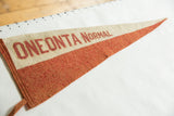Faded red block lettering and wooly texture of an antique Oneonta Normal felt pennant.