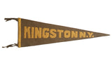 Antique Kingston N.Y. felt pennant with golden-yellow text on an olive-brown background, 7x23 inches.