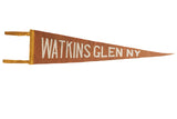 Antique brown felt Watkins Glen NY pennant with white lettering, golden trim, circa 1920s-1930s, 5x23 inches.