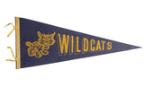 Vintage Wildcats felt flag pennant, blue with yellow wildcat graphic and text.