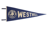 Vintage Westhill felt pennant, navy blue with cream letters and Warriors emblem, 11x29.