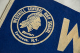 Westhill Warriors logo with Native American profile on blue felt pennant.
