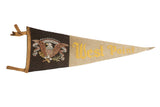 Vintage West Point felt pennant with dark brown and beige panels, Great Seal, yellow text, 8x22.