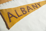 Textured goldenrod yellow felt pennant with oxidized purple block lettering.