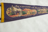 Purple felt vintage San Diego pennant, Balboa Park illustration, yellow binding.