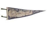 Vintage 1930s dark blue felt Mission San Juan Capistrano pennant with Old Chapel Arches graphic.