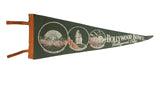 Vintage Hollywood Bowl felt pennant in dark green, depicting Easter Sunrise Service and Muse of Music.