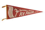 Red felt vintage pennant, Shipstads & Johnson Ice Follies 1964, with skater and cities.