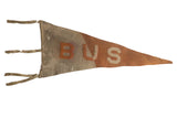 Antique B U S felt flag pennant in off-white and orange, with historic wear, 12 x 28 inches.