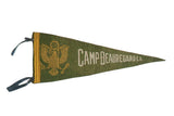 Vintage Camp Beauregard LA felt flag pennant, olive green with yellow eagle emblem.