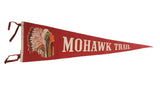Vintage red felt Mohawk Trail souvenir pennant with Native American headdress graphic, 8x26 inches.