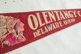 White 'OLENTANGY CA' text on the vintage red felt pennant with creasing.