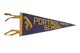 Vintage blue felt pennant for Portage Path School with yellow lettering and canoe graphic.
