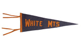 Antique White Mountains felt flag pennant, dark gray with orange lettering and ties.