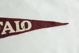 Maroon felt pennant's pointed end, with cream 'ALO' lettering and aged texture.