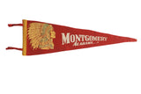 Vintage red felt pennant, Montgomery Alabama text and Native American headdress.
