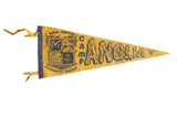 Vintage yellow and dark gray Camp Anglia felt pennant with diver and campfire graphics.