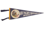 Vintage Hungry Mother Park felt pennant, dark blue with yellow trim and Native American graphic.
