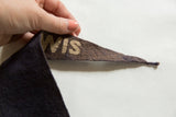 Aged felt texture and lettering on the tapered tip of the antique Wisconsin pennant.