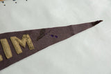 Dark stains and purple spots marking the worn felt tip of an antique university pennant.