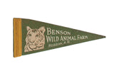 Vintage Benson Wild Animal Farm felt pennant, green with tiger illustration and yellow trim.
