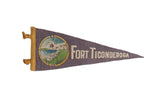 Vintage purple felt pennant, golden border, circular Fort Ticonderoga image, 4x11 inches.
