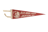 Vintage Ellis River Cabins red felt flag pennant, off-white cabin and tree design, 4x12 inches.