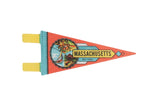 Vintage Massachusetts felt pennant displays deer, bridge, sailboat art. Coral, yellow, blue.